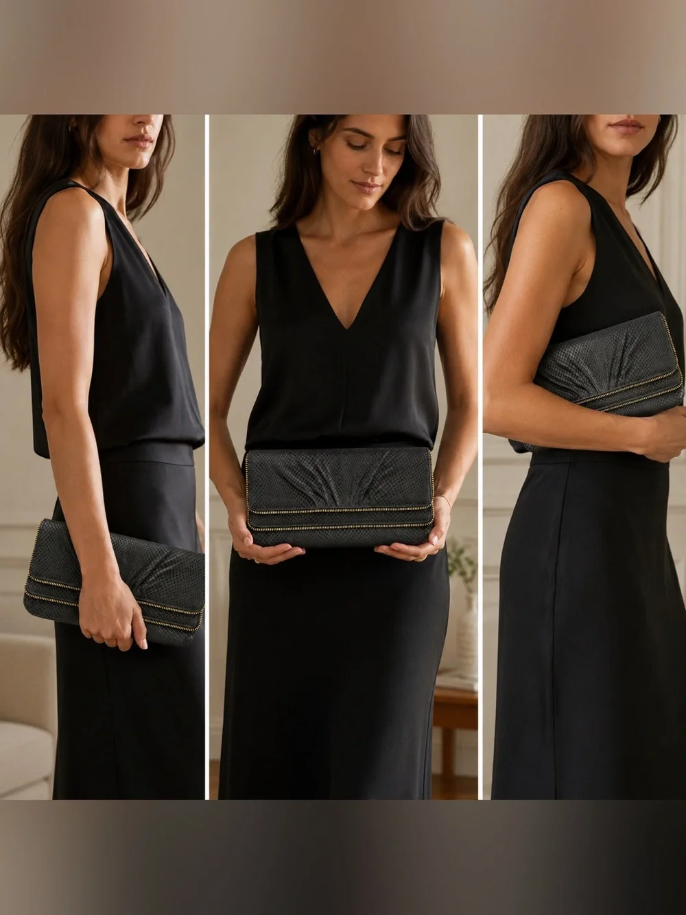 Lauren Merkin Black Snake Embossed Leather Foldover Clutch Gold Zip